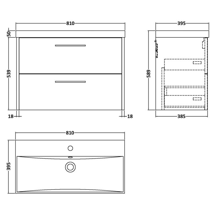 Dezine Almond 800mm White Woodgrain 2 Drawer Stort Hung Vanity Unit