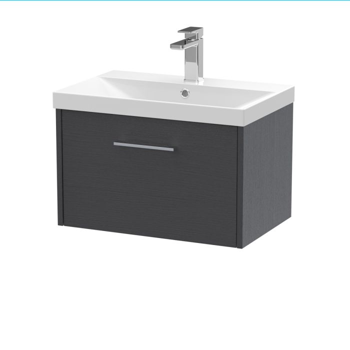 Dezine Almond 600mm Graphite Woodgrain 1 Drawer Stort Hung Vanity Unit