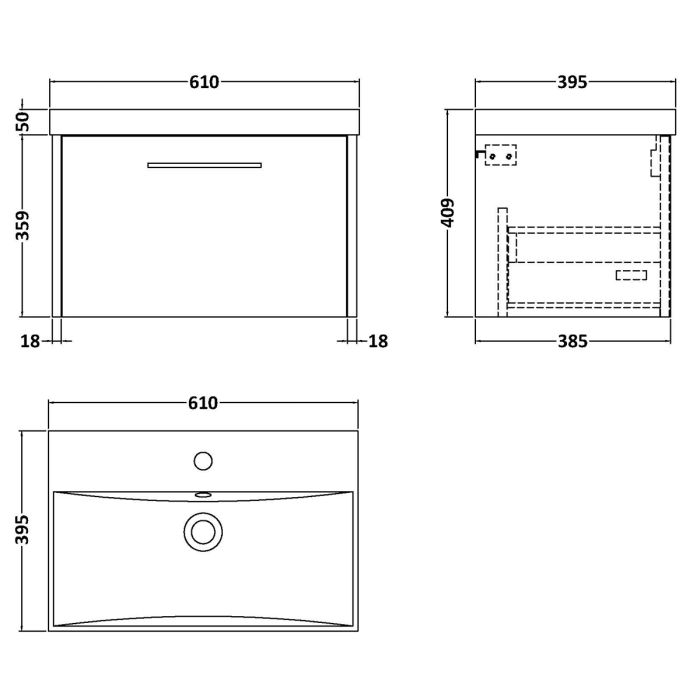 Dezine Almond 600mm Graphite Woodgrain 1 Drawer Stort Hung Vanity Unit