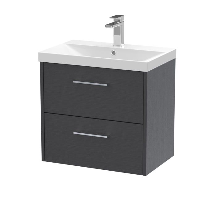 Dezine Almond 600mm Graphite Woodgrain 2 Drawer Stort Hung Vanity Unit