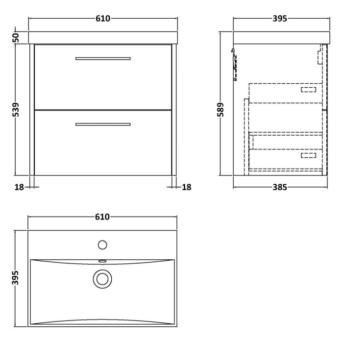 Dezine Almond 600mm Graphite Woodgrain 2 Drawer Stort Hung Vanity Unit