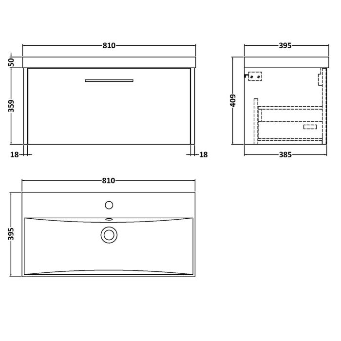 Dezine Almond 800mm Graphite Woodgrain 1 Drawer Stort Hung Vanity Unit