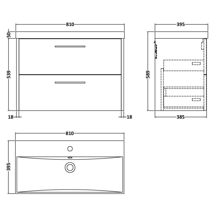 Dezine Almond 800mm Graphite Woodgrain 2 Drawer Stort Hung Vanity Unit