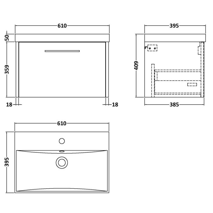 Dezine Almond 600mm Matt Slate 1 Drawer Stort Hung Vanity Unit