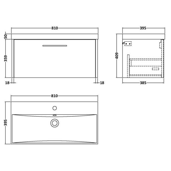 Dezine Almond 800mm Matt Slate 1 Drawer Stort Hung Vanity Unit