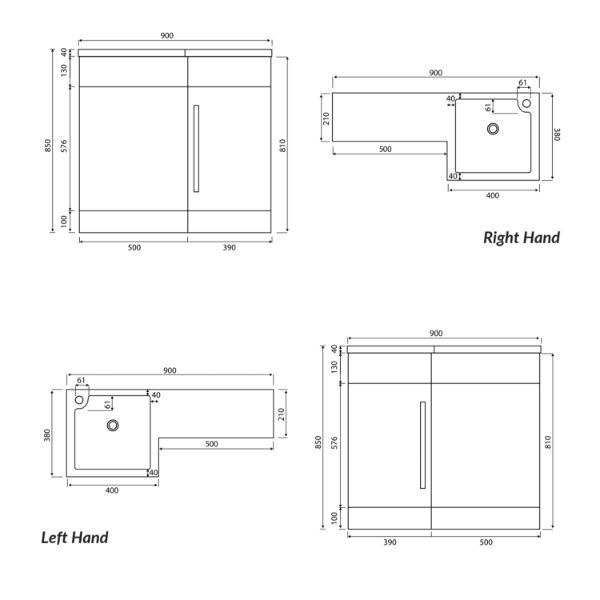 Dezine Nene 900mm Gloss White Glen Hand Combination Pack