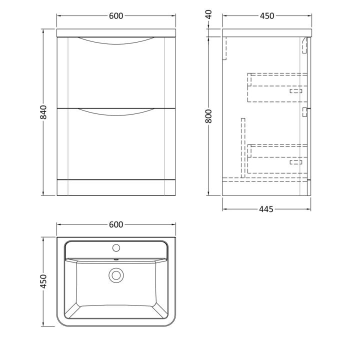 Dezine Derwent 600mm 2 Drawer Satin White Floor Standing Vanity Unit