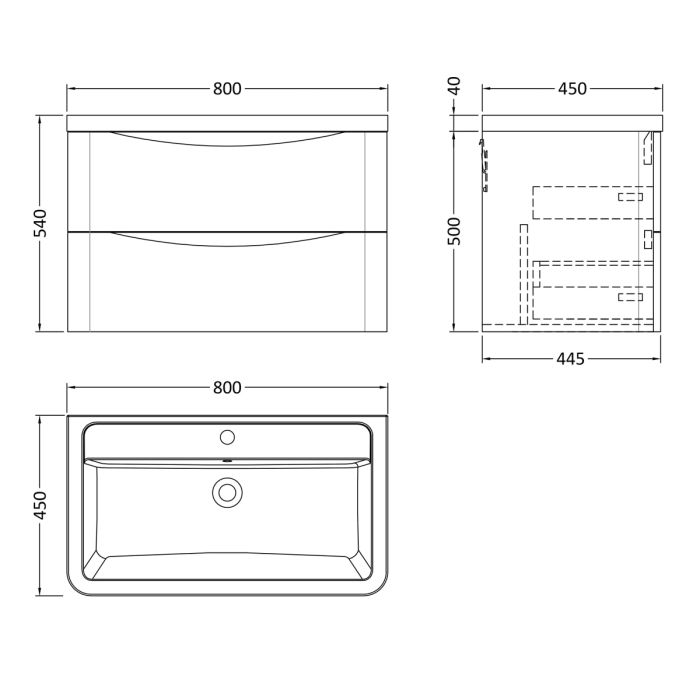 Dezine Derwent 800mm 2 Drawer Satin White Stort Hung Vanity Unit