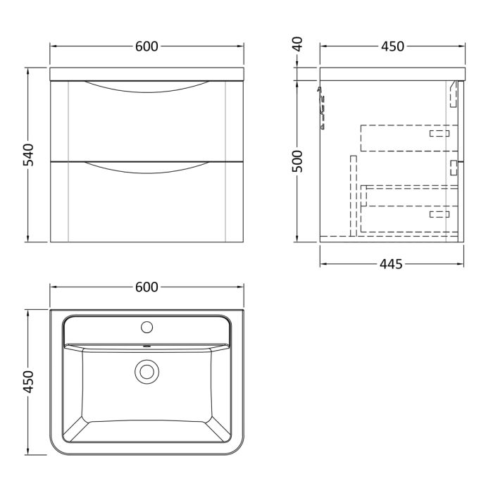 Dezine Derwent 600mm 2 Drawer Satin Anthracite Stort Hung Vanity Unit