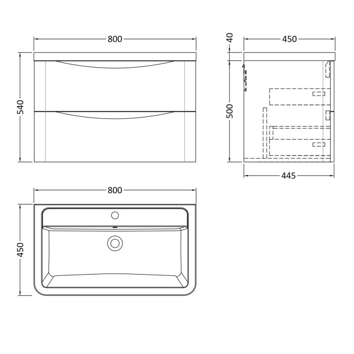 Dezine Derwent 800mm 2 Drawer Satin Grey Stort Hung Vanity Unit