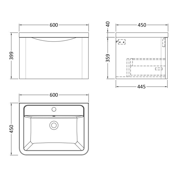 Dezine Derwent 600mm 1 Drawer Satin Grey Stort Hung Vanity Unit