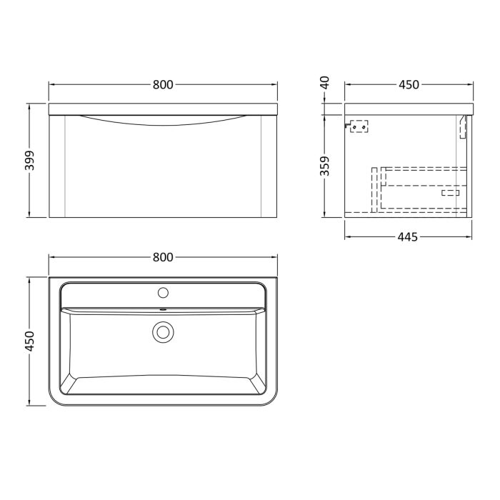 Dezine Derwent 800mm 1 Drawer Satin Blue Stort Hung Vanity Unit