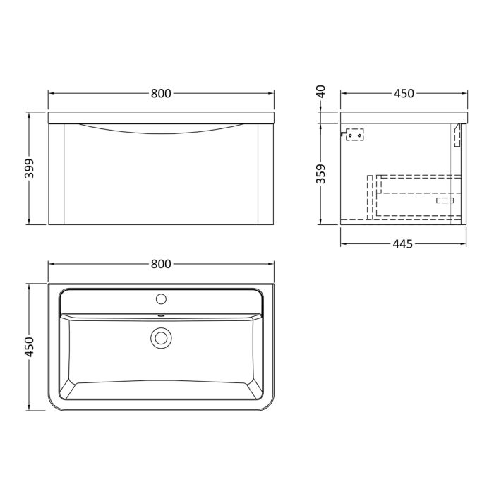 Dezine Derwent 800mm 1 Drawer Satin Green Stort Hung Vanity Unit