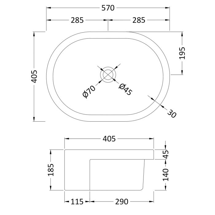 Dezine Avon 570mm Semi Recessed Basin