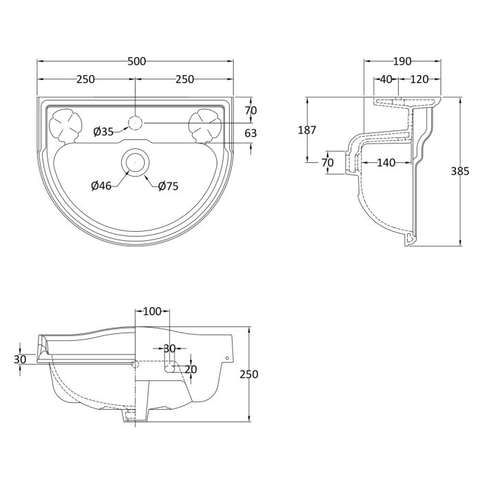 Dezine Rhone Pro 500mm 1 Tap Hole Stort Hung Basin