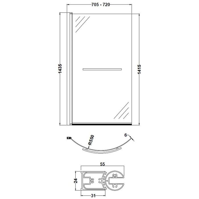 Dezine 6mm P Shaped Shower Bath Screen with Rail