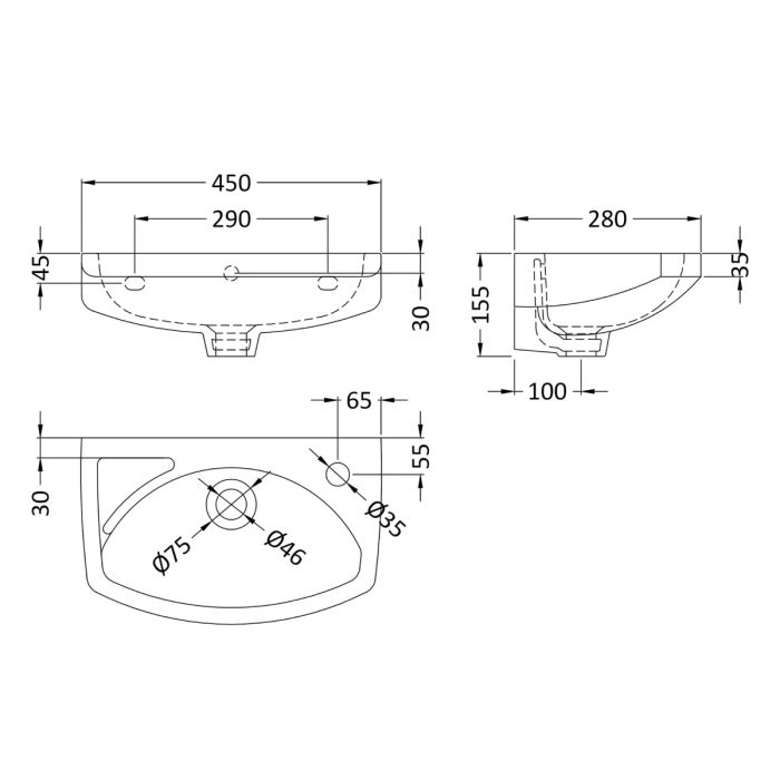 Dezine 450mm Right Hand Wall Hung Basin