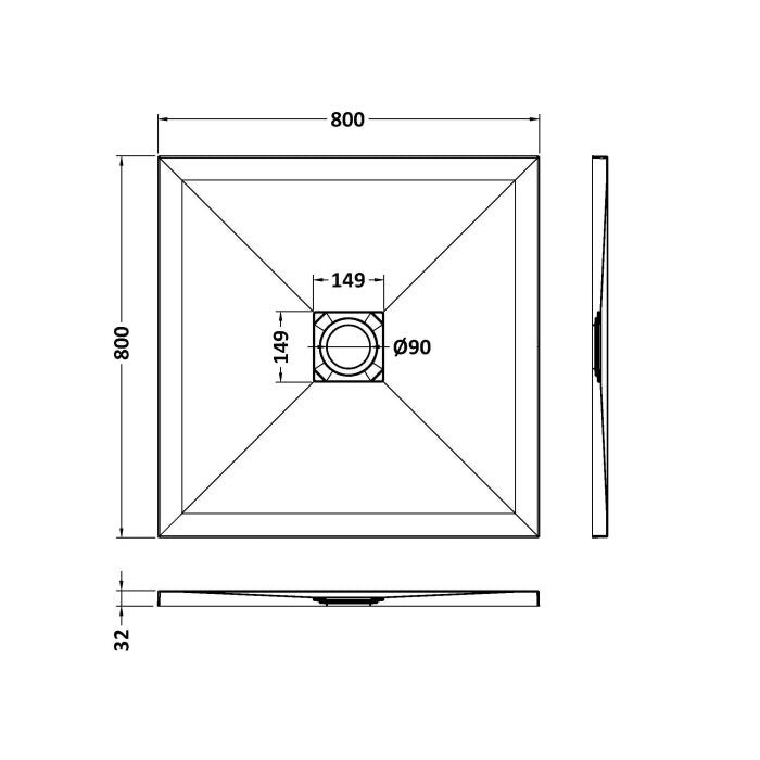 Dezine Square White Slate Shower Tray, Center Waste-800mm x 800mm