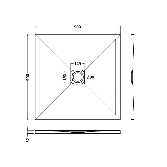 Dezine Square White Slate Shower Tray, Center Waste-900mm x 900mm