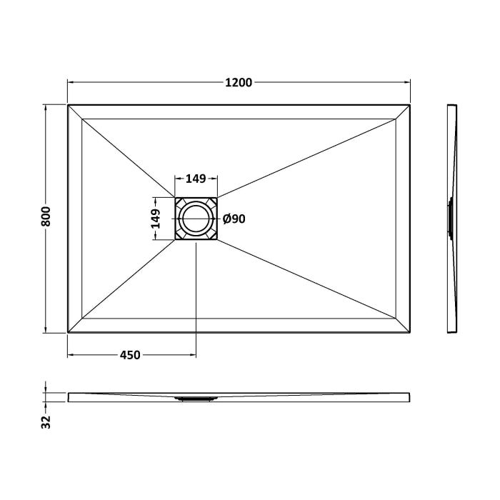 Dezine Rectangular White Slate Shower Tray, Center Waste-1200mm x 800mm