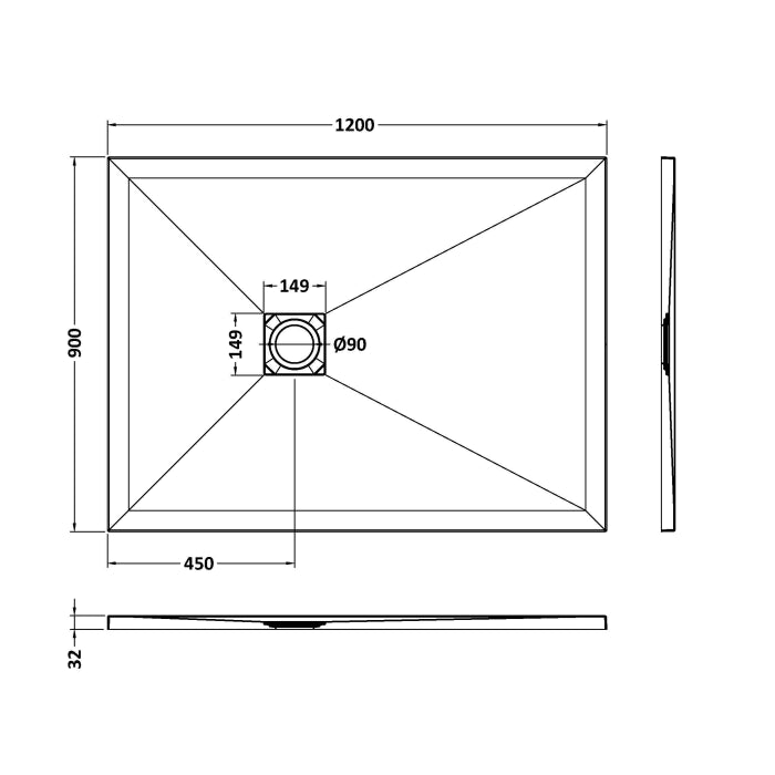 Dezine Rectangular White Slate Shower Tray, Center Waste-1200mm x 900mm