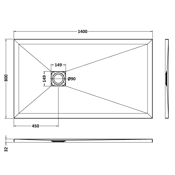 Dezine Rectangular White Slate Shower Tray, Center Waste-1400mm x 800mm