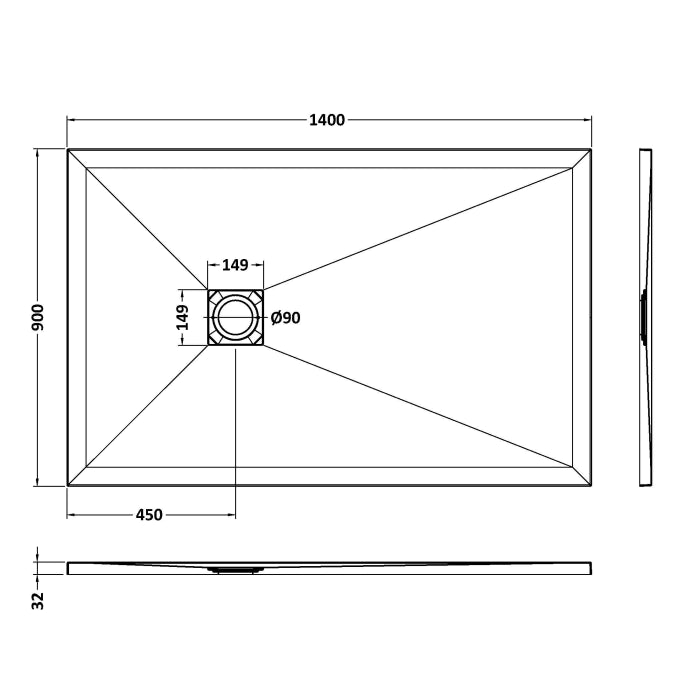 Dezine Rectangular White Slate Shower Tray, Center Waste-1400mm x 900mm