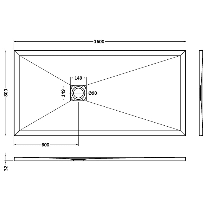 Dezine Rectangular White Slate Shower Tray, Center Waste-1600mm x 800mm