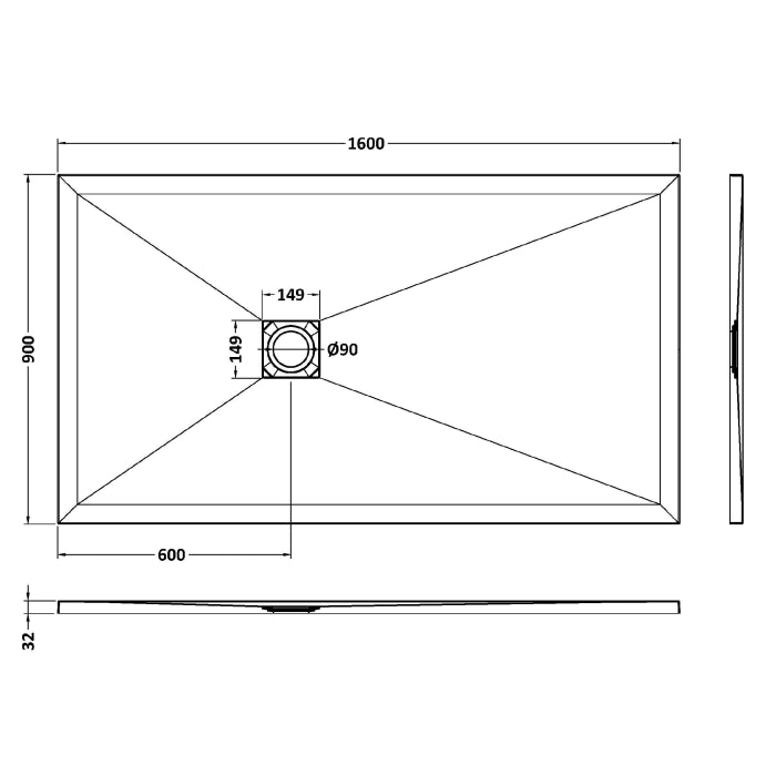 Dezine Rectangular White Slate Shower Tray, Center Waste-1600mm x 900mm