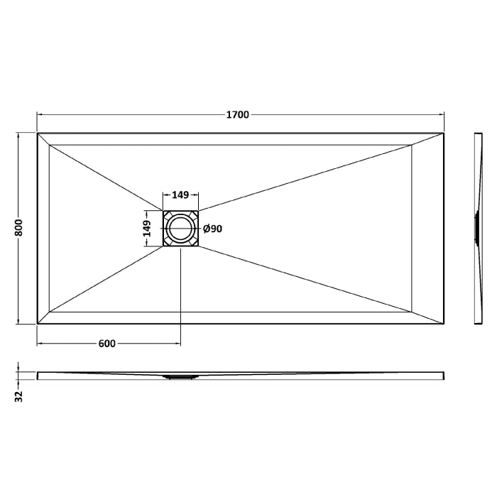 Dezine Rectangular White Slate Shower Tray, Center Waste - 1700mm x 800mm