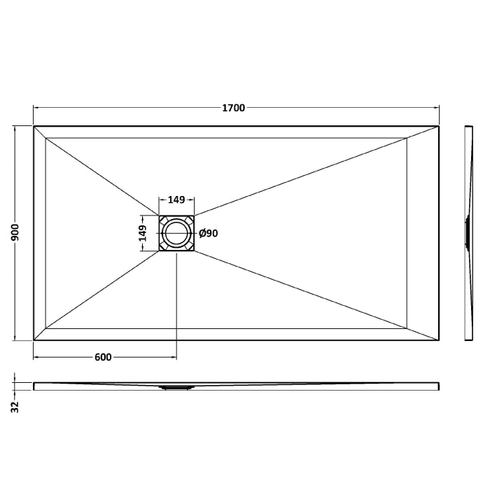 Dezine Rectangular White Slate Shower Tray, Center Waste-1700mm x 800mm