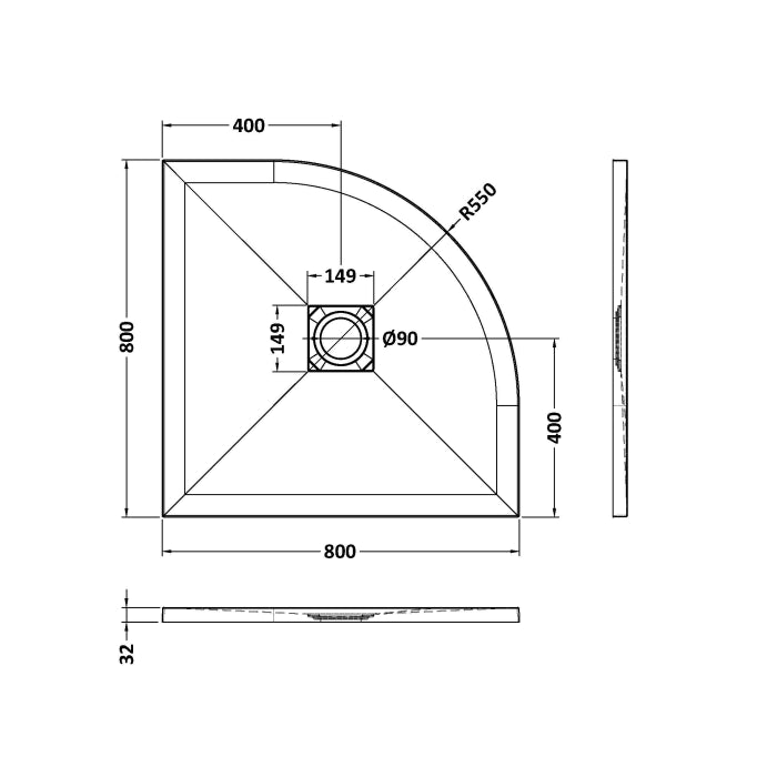 Dezine Quadrant White Slate Shower Tray, Center Waste-800mm x 800mm