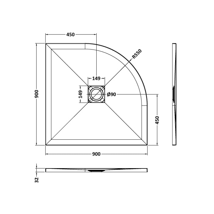 Dezine Quadrant White Slate Shower Tray, Center Waste-900mm x 900mm