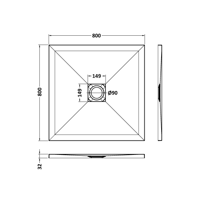 Dezine Square Grey Slate Shower Tray, Center Waste-800mm x 800mm