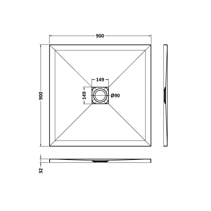 Dezine Square Grey Slate Shower Tray, Center Waste-900mm x 900mm