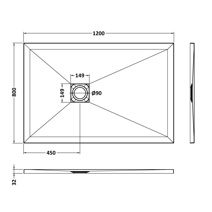 Dezine Rectangular Grey Slate Shower Tray, Center Waste-1200mm x 800mm