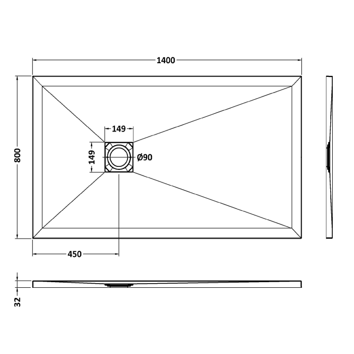 Dezine Rectangular Grey Slate Shower Tray, Center Waste-1400mm x 800mm