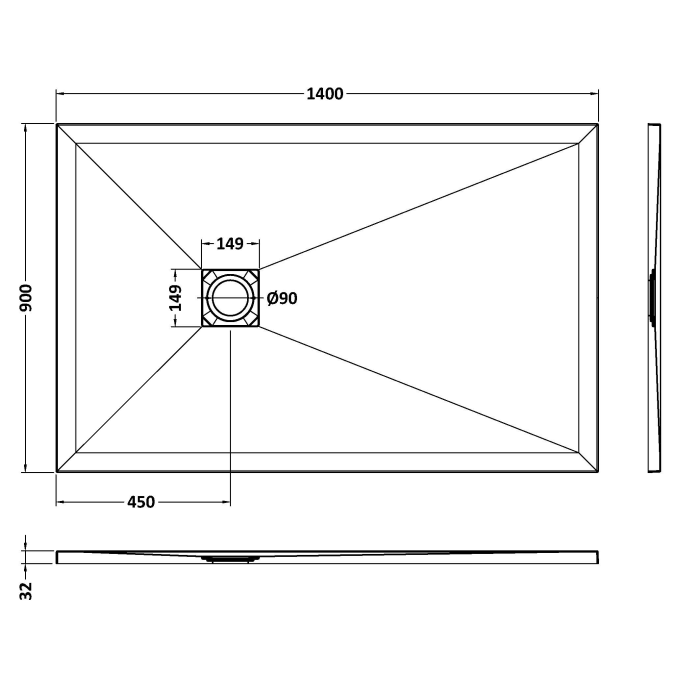 Dezine Rectangular Grey Slate Shower Tray, Center Waste-1400mm x 900mm