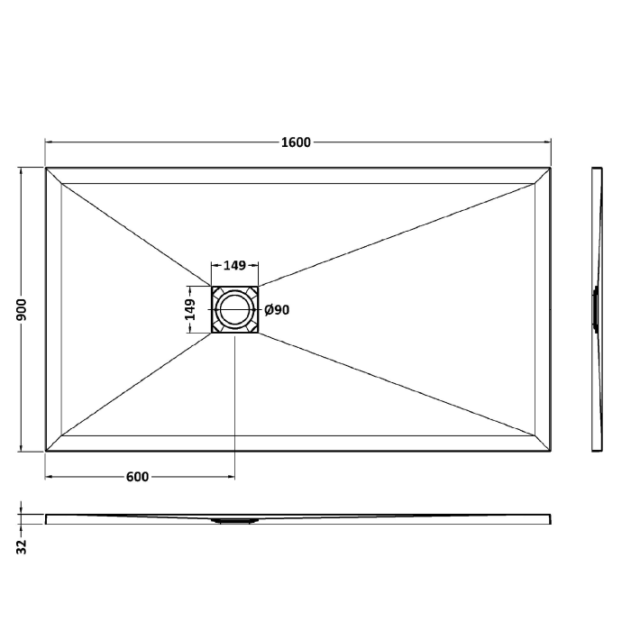 Dezine Rectangular Grey Slate Shower Tray, Center Waste-1600mm x 800mm