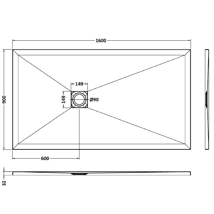 Dezine Rectangular Grey Slate Shower Tray, Center Waste-1600mm x 900mm