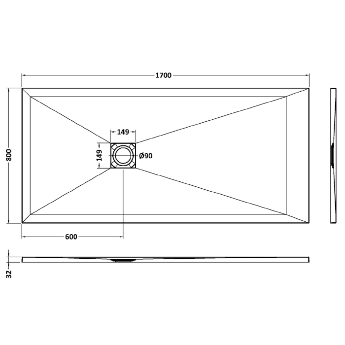 Dezine Rectangular Grey Slate Shower Tray, Center Waste-1700mm x 800mm