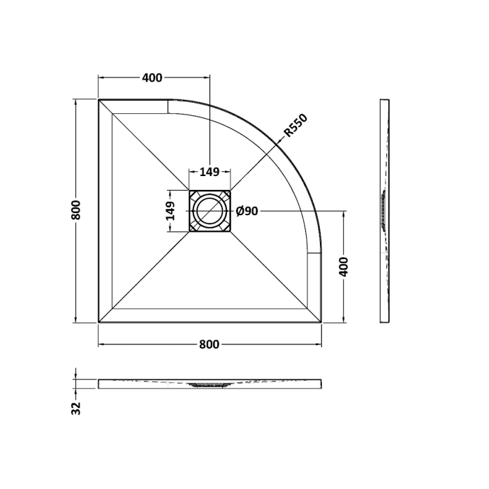 Dezine Quadrant Grey Slate Shower Tray, Center Waste-800mm x 800mm