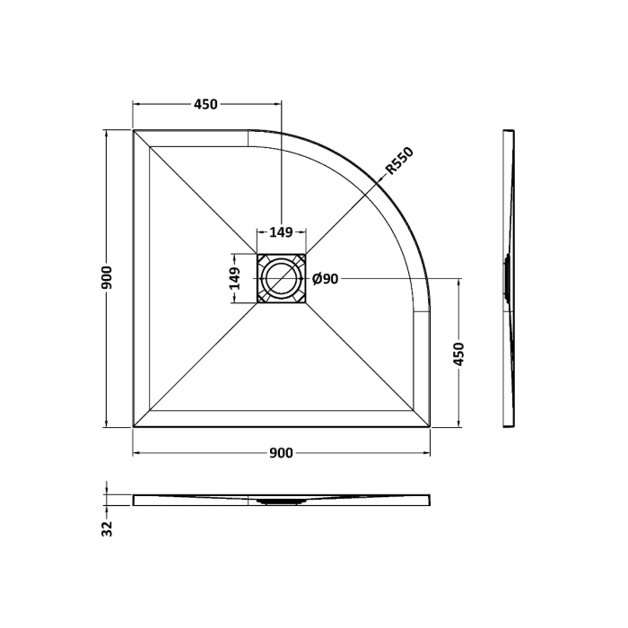 Dezine Quadrant Grey Slate Shower Tray, Center Waste-900mm x 900mm