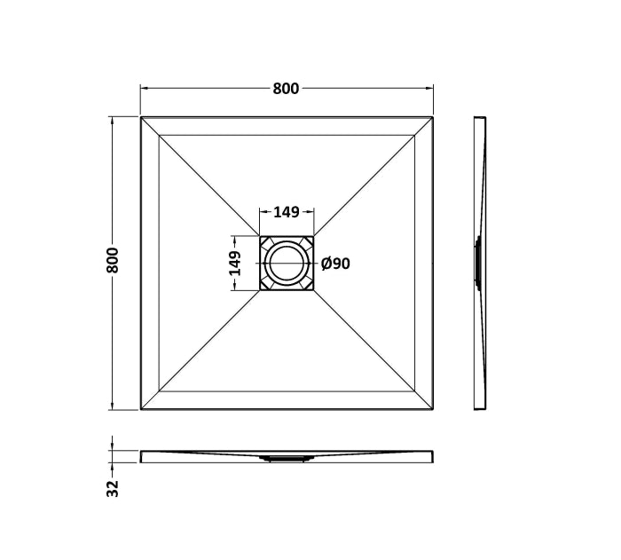 Dezine Square Black Slate Shower Tray, Center Waste-800mm x 800mm