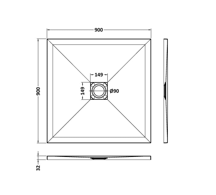 Dezine Square Black Slate Shower Tray, Center Waste-900mm x 900mm