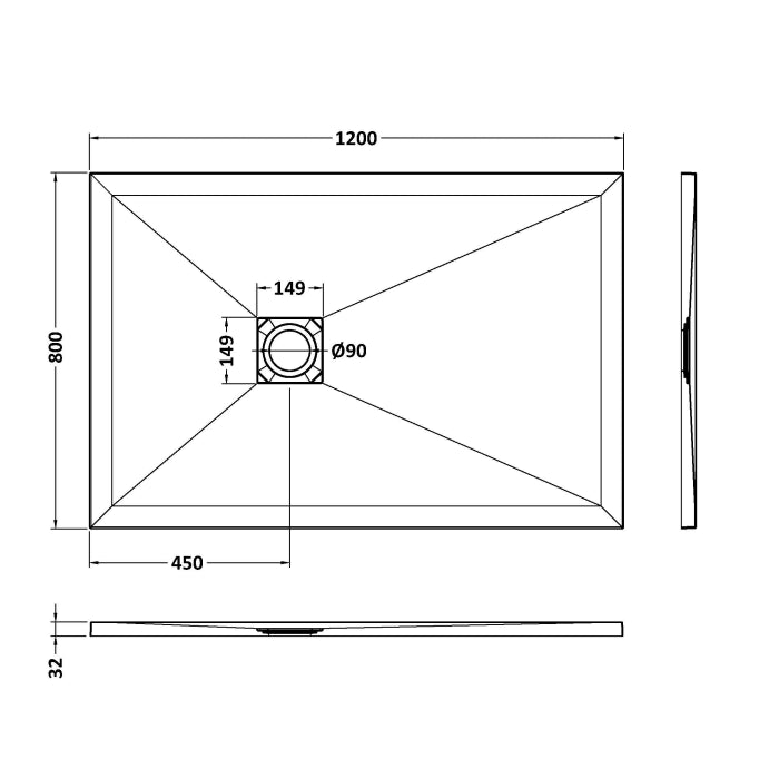 Dezine Rectangular Black Slate Shower Tray, Center Waste-1200mm x 800mm