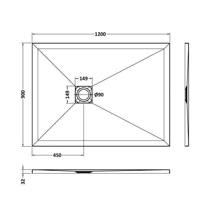 Dezine Rectangular Black Slate Shower Tray, Center Waste-1200mm x 900mm