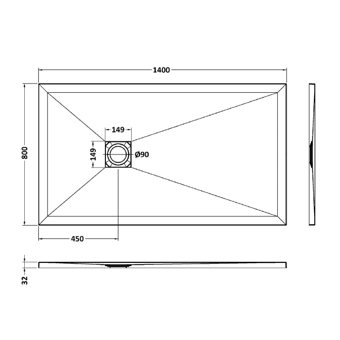 Dezine Rectangular Black Slate Shower Tray, Center Waste-1400mm x 800mm