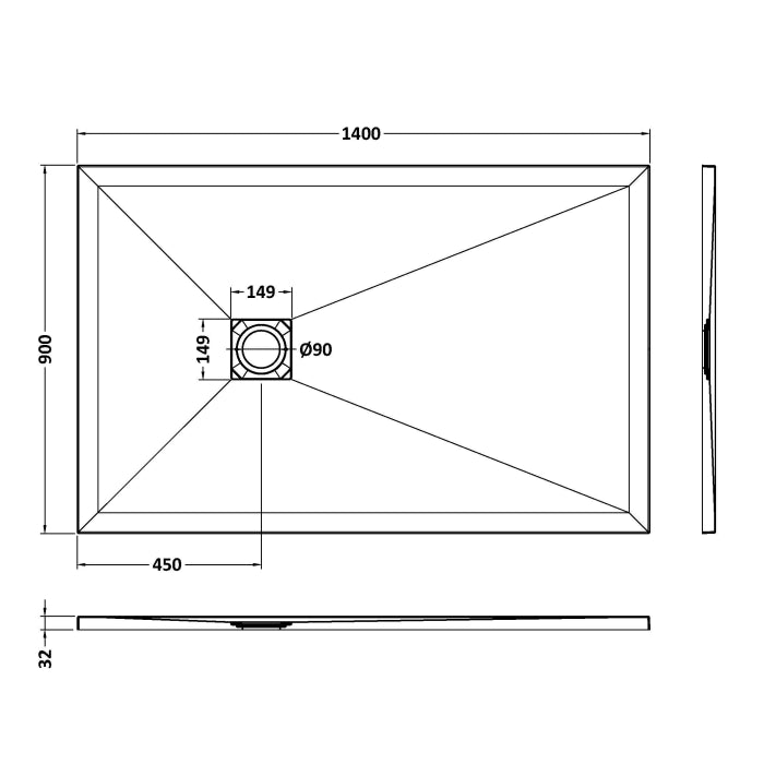 Dezine Rectangular Black Slate Shower Tray, Center Waste-1400mm x 900mm