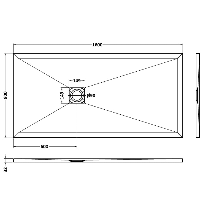 Dezine Rectangular Black Slate Shower Tray, Center Waste-1600mm x 800mm